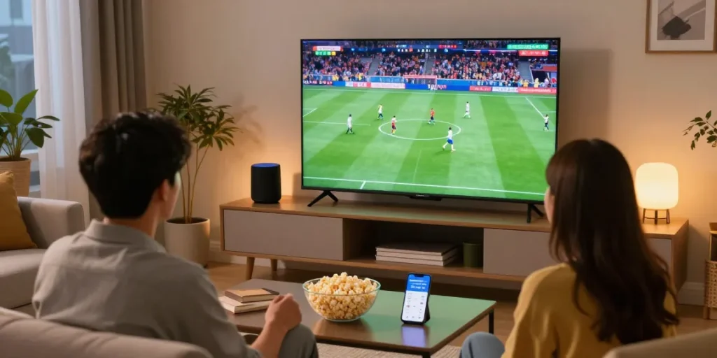 Vision d'un couple utilisant IRON TV PRO pour regarder des sports en direct dans leur salon moderne.